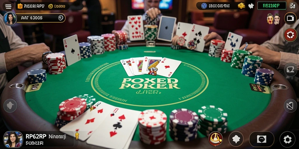 Screenshot gameplay RP62RP yang menampilkan aksi poker yang mendebarkan.